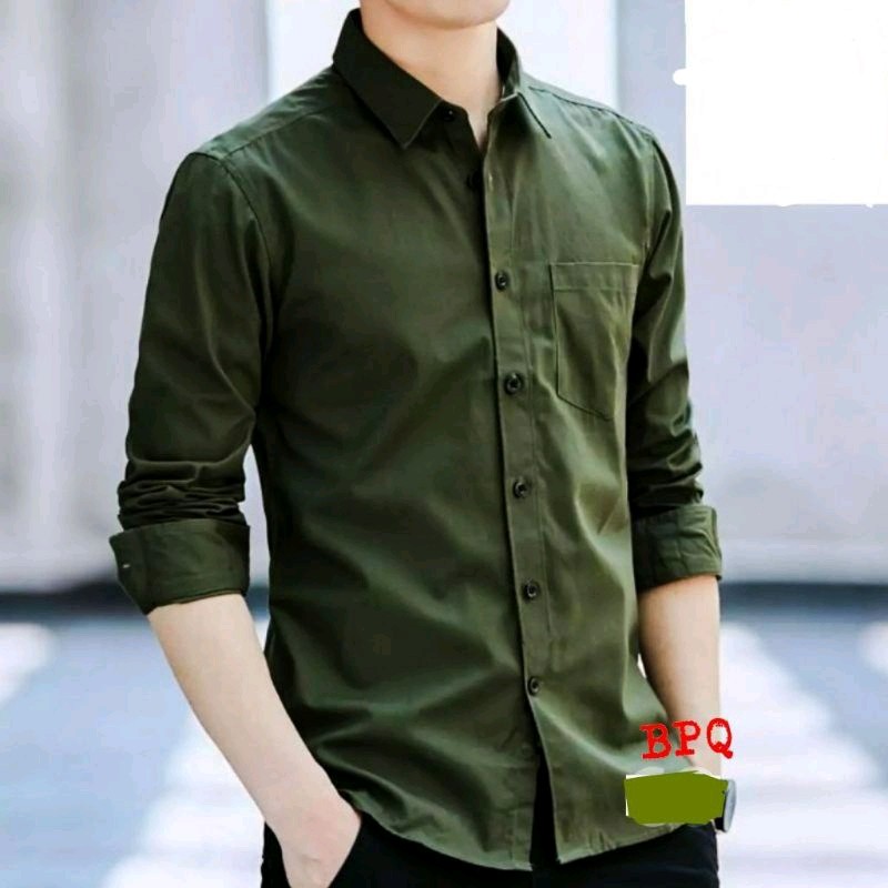 Hurley Kemeja Pria  Kemeja Cowok Polos Lengan Panjang Slimfit Hem Pria Polos Kantor Warna Army
