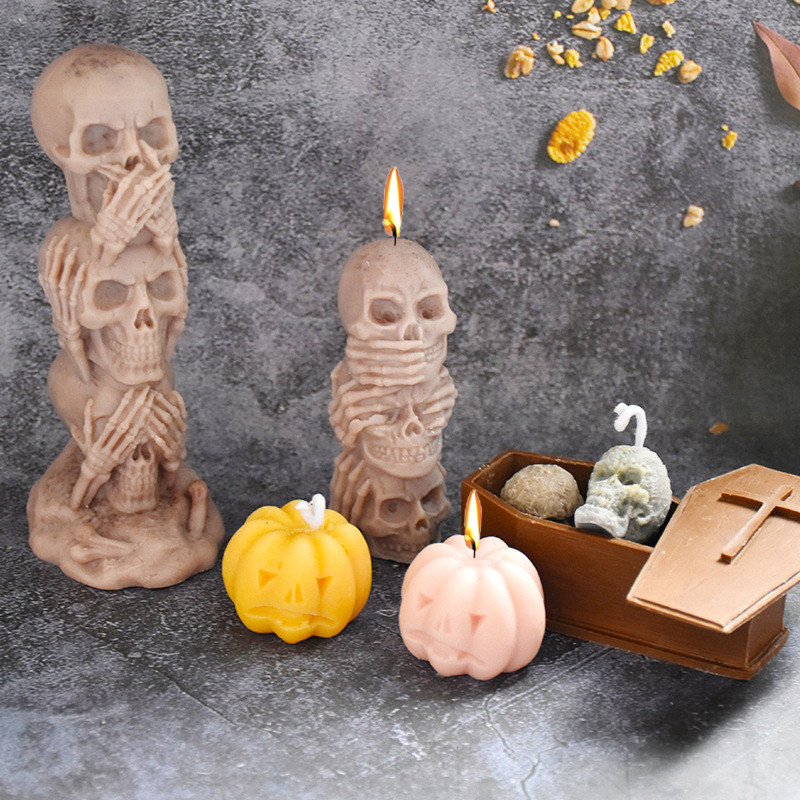 

3D Skull with Pumpkin Silicone Candle Mold DIY Halloween Themed Decorative Crafts Plaster Resin Making Tools Holiday Gifts