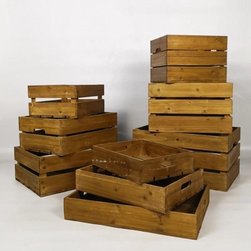 

Vintage Decorative Flat Noodles Wooden Basket, Solid Wooden Box, Household Storage Box, Red Wine Display, Fruit Storage