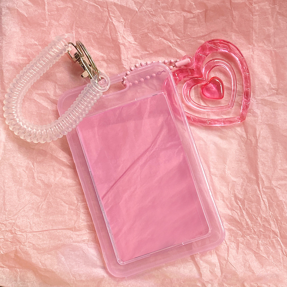 Spring Rope Card Case Pink Color Heart Photocard Holder Credit ID Bank Card Holder Bus Card Protecti