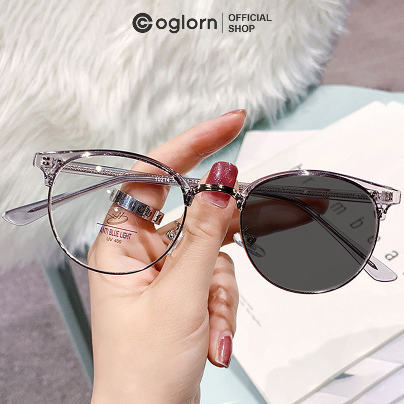 Coglorn Kacamata Wanita Anti Radiasi Fashion Photocromic Bulat Logam+TR90 Kaca Mata Optik