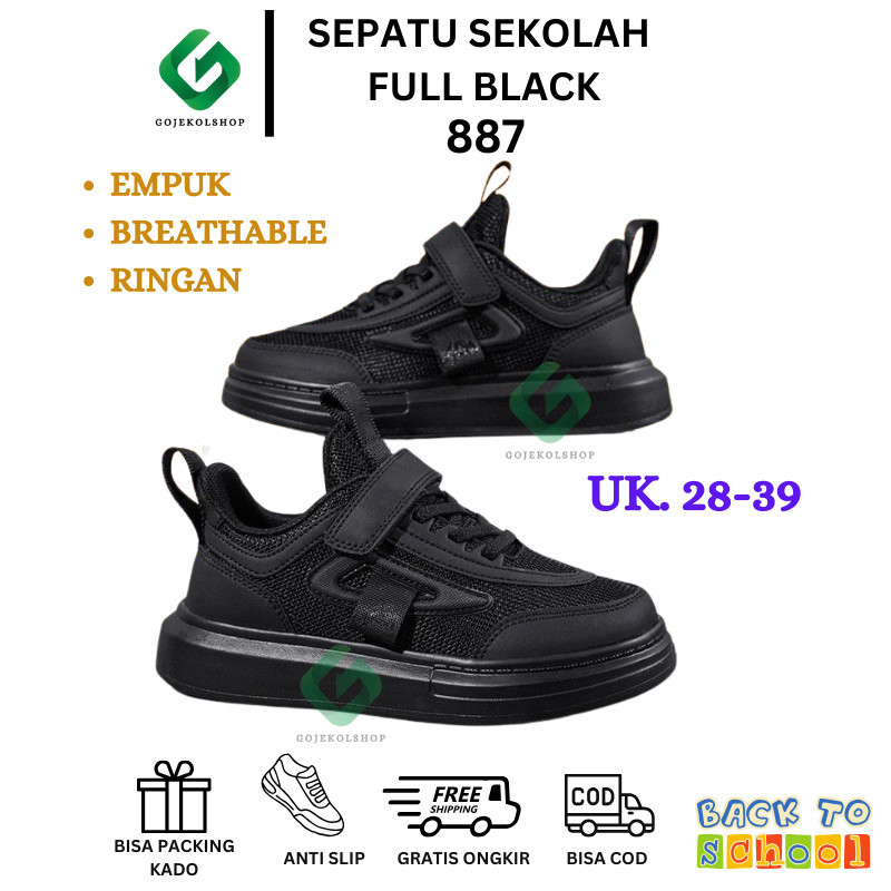 Sepatu Sekolah Full HItam Polos / Sneakers Anak Sekolah Model Tempel