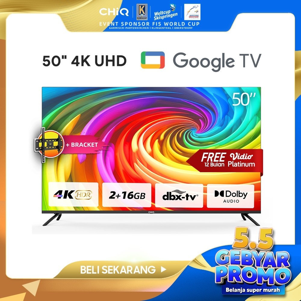 PROMO SPESIAL Google TV CHiQ 50 inch Smart TV 4K UHD-HDR10+DBX Dolby Audio Google Assistant  Netflix
