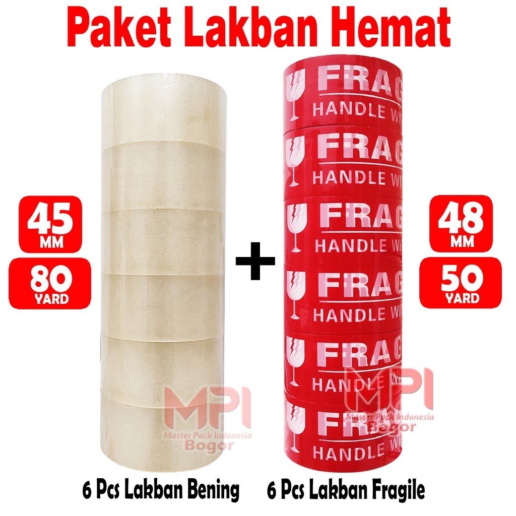 

Paket Lakban Hemat - 6 PCS Lakban Bening 45 mm x 80 yard + 6 PCS Lakban Fragile Merah 48 mm x 50 yard - Master Pack Indonesia Bandung