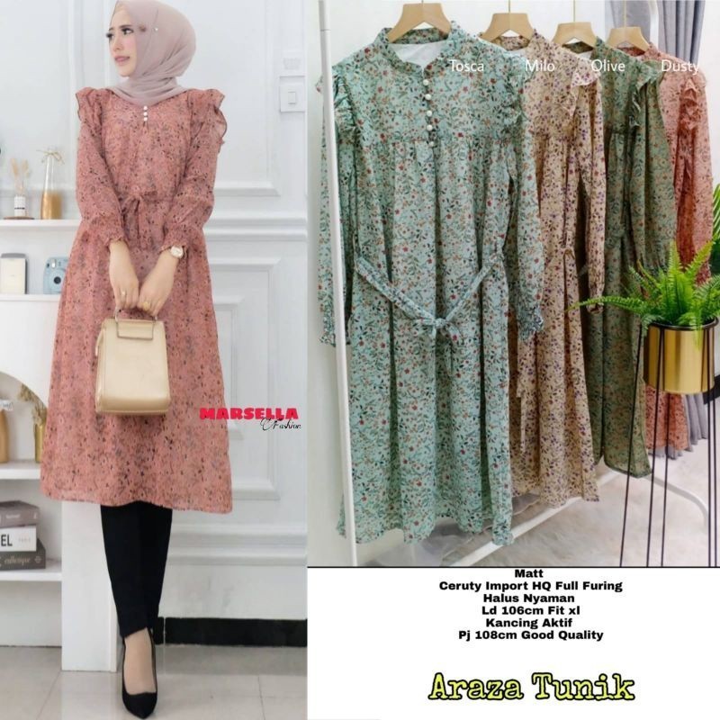 arofah araza midi dress muslim marsela belwis long tunik ceruty babydoll full furing tunik motif bun