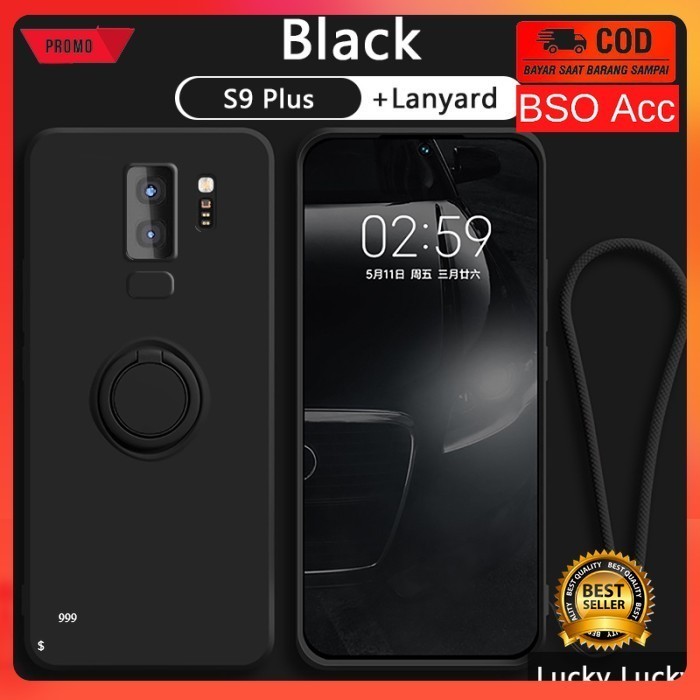 Casing Samsung S9 PLUS Case Candy Ring Stand Bracket Holder Lanyard Silicone Square Microfiber