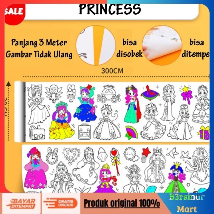 

[KUALITAS TERBAIK] Mainan Edukasi Anak Kertas Gambar Rol, Drawing Roll 3m FREE Crayon - Princess