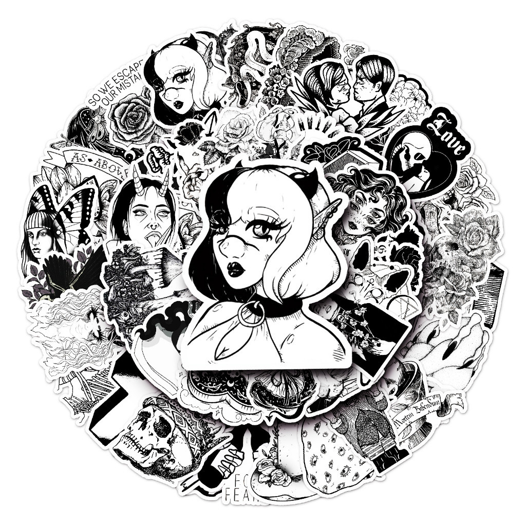 

Sticker Pack vinyl isi 50 pcs | anti air varian BLACK & WHITE GHOTIC | glossy matte | laptop helm tumbl koper Stiker