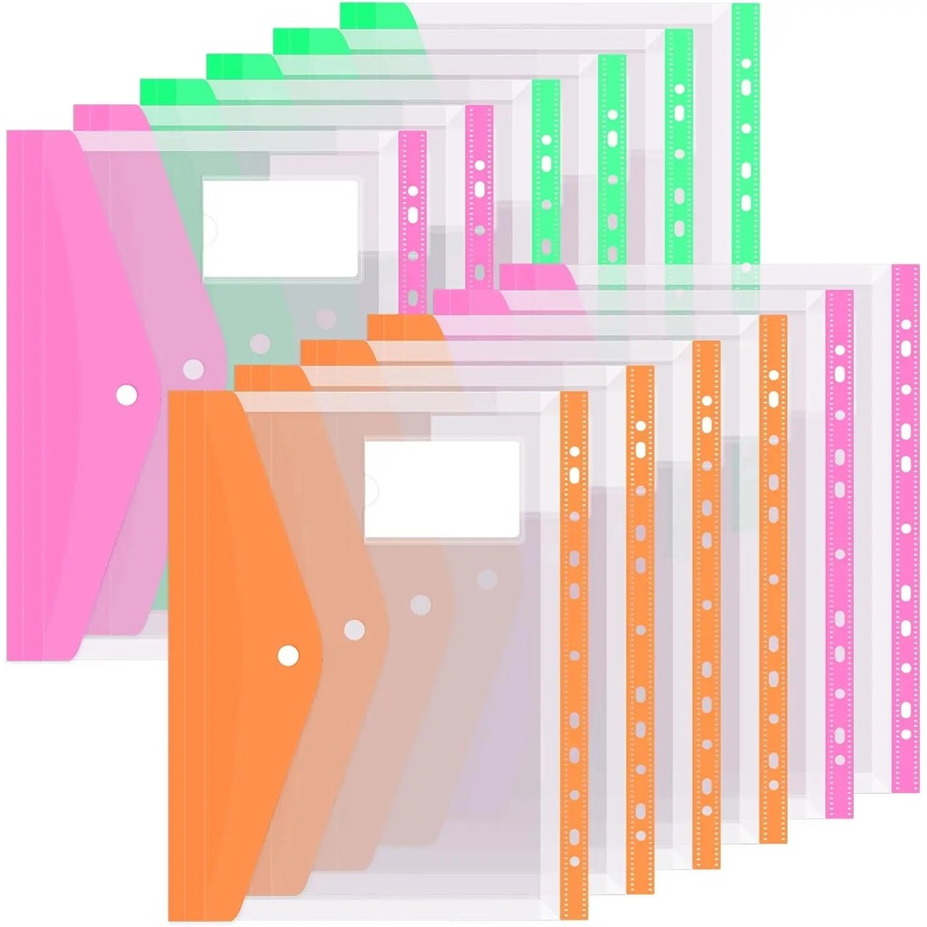 

6pcs Transparent Plastic Envelopes Binder Pocket Expandable Binder Folders For 2/3/4 Ring Document Pouch With Snap Button Label