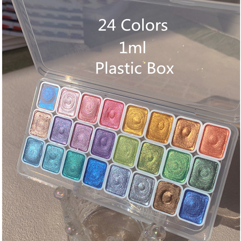 

Beautiful Blue 24 Colors Pearlescent Watercolor Set Textured Pigment Metallic Glitter Oracular Portable Art Students Supplies