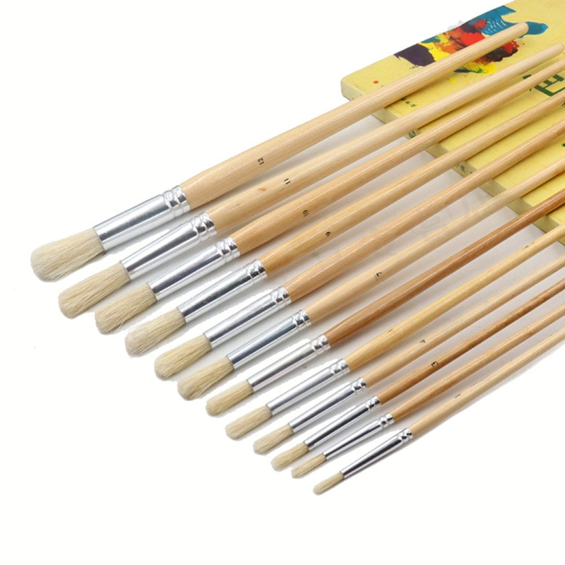 

12 Pcs Oil Brushes Round Head Pig Bristle Hair Acrylic Art Brushes Set Long Birch Wood Rod Hand Drawn Row Brush Artist Supply