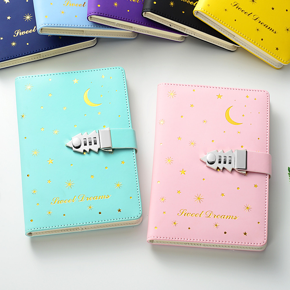 

Lockable Diary A5 Password Notebook Journal Star Moon Pattern Personal Notepad with Lock Office School Stationery Student Gift