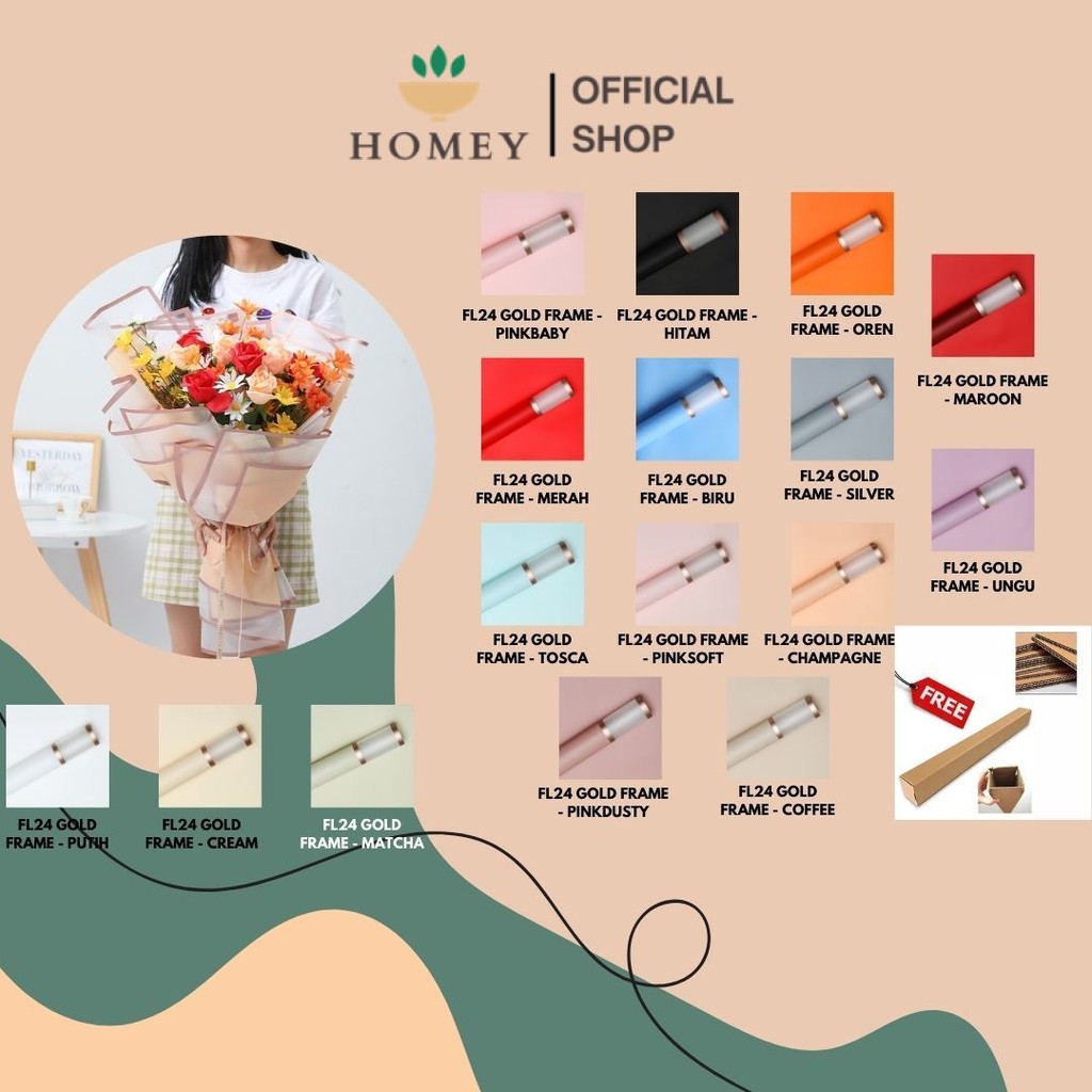 

HOMEY - (5 LEMBAR) - FL24 GOLD FRAME Kertas Bunga Paper Buket Motif Gold Frame Tebal Transparan Florist Cellophane