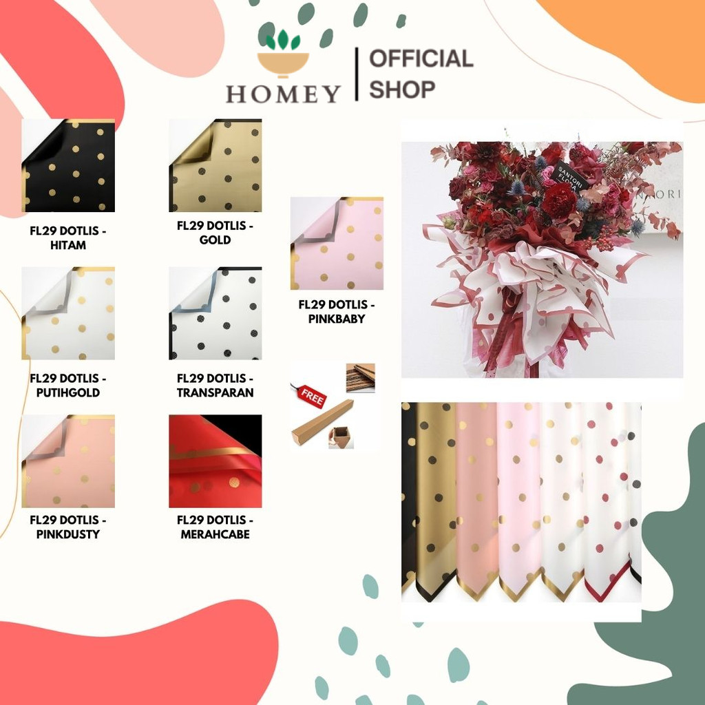 

HOMEY - (5 LEMBAR) - FL29 DOTLIS Kertas Bunga Paper Buket Motif Polkadot List Transparan Florist Kado Cellophane