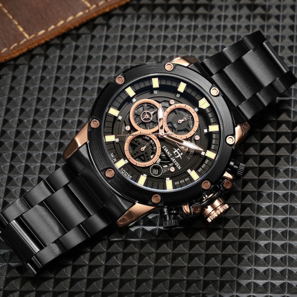 Evans Jayden Jam Tangan Pria 9570 Rantai Stainless Steel Chrono Kaca Safir 10ATM
