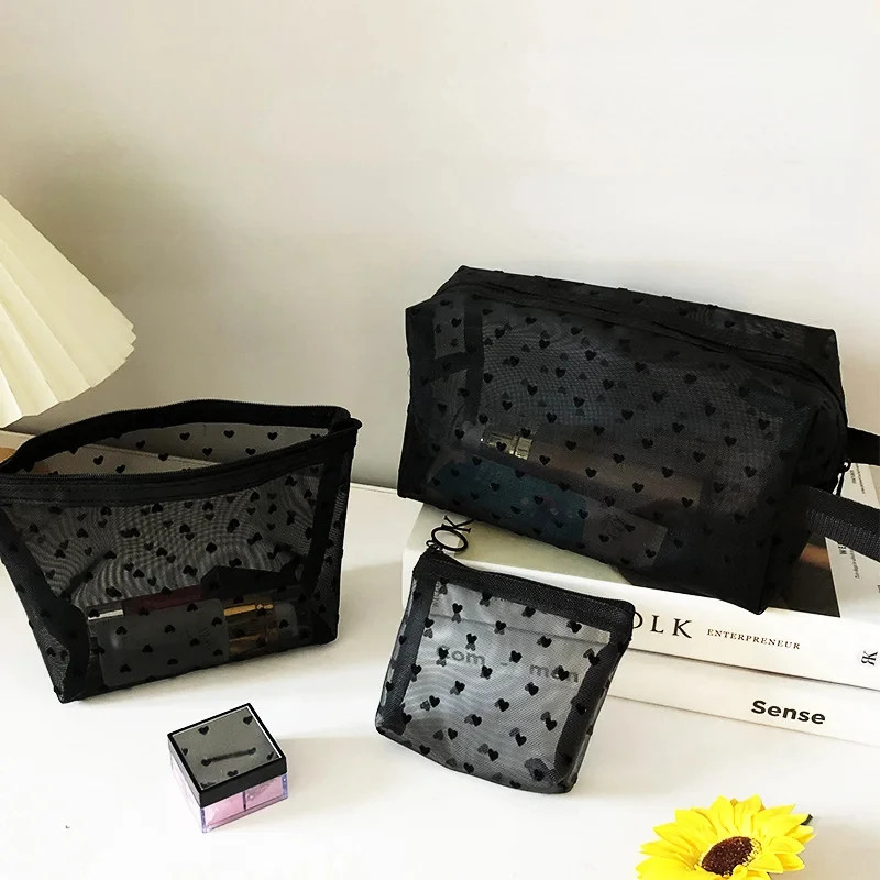 

Heart-Shaped Nylon Mesh Cosmetic Bag Portable Toiletry Organizer Makeup Bag Multifunctional Women Lipstick Key Coin Purse Pouch