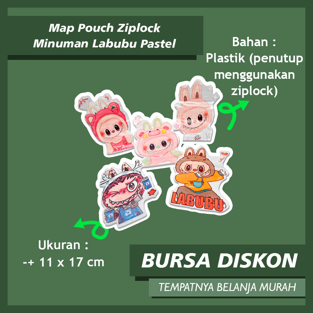 

Map Pouch Ziplock Minuman Karakter Labubu Pastel Kemasan Hadiah Amplop Lucu Plastik