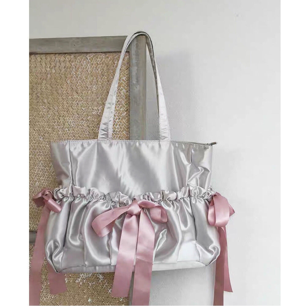 Bag Tas Bahu Pita Berlipat Gaya Anak Perempuan Balet Satin Baru Tas Tote Kapasitas Besar untuk Wanit