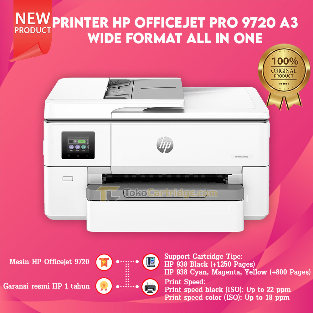 Printer HP Officejet Pro 9720 A3 Wide Format Multi Fungsi Wireless, pengganti HP 7720