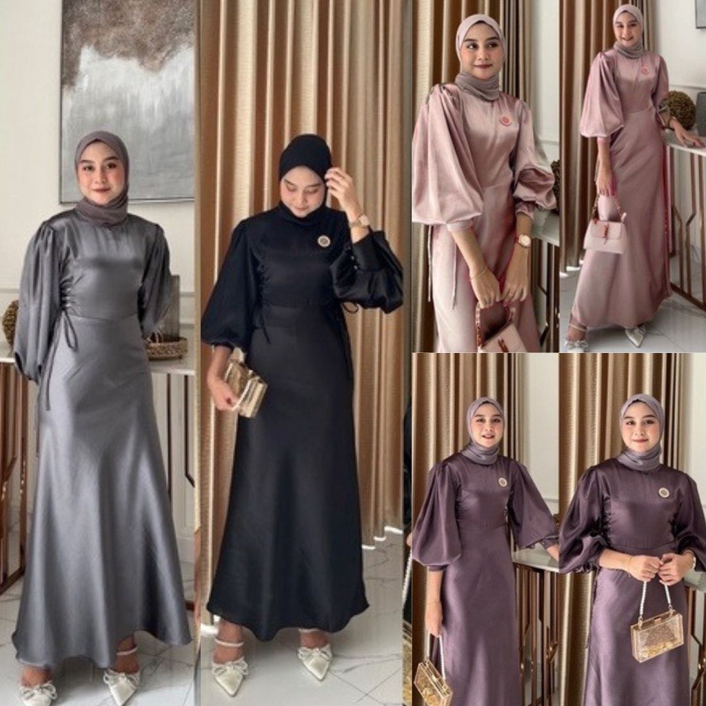 FUJI SATIN DRESS POLOS SIMPEL HITAM GAMIS KONDANGAN LEBARAN LAMARAN RESEPSI BAJU PEREMPUAN TREN FASH