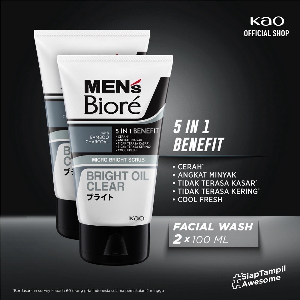 Men's Biore Sabun Muka Pria Scrub Bright Oil Clear 100gr Twinpack