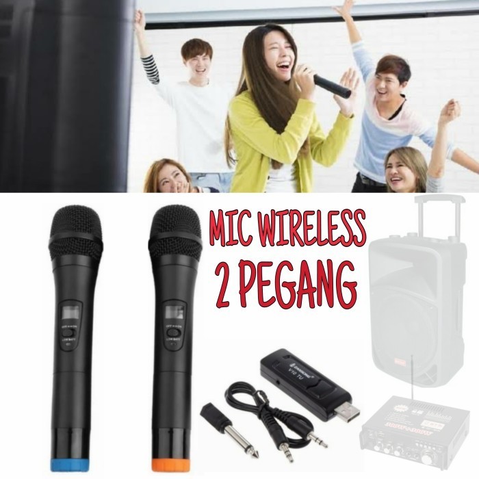 3R Microphone Wireless Mic Karaoke Connect Ampli Speaker Dua Mic UHF