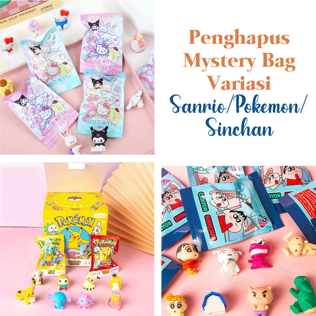 

PENGHAPUS MISTERI BAG SANRIO pokemon Sinchan PER 1PC mystery bag LUCU UNIK MURAH ALAT TULIS