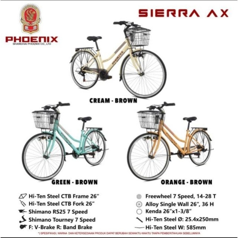 SEPEDA PEREMPUAN DEWASA MINI 26 INCH PHOENIX SIERRA AX OPERAN SHIMANO 7 SPEED KERANJANG CITYBIKE REM