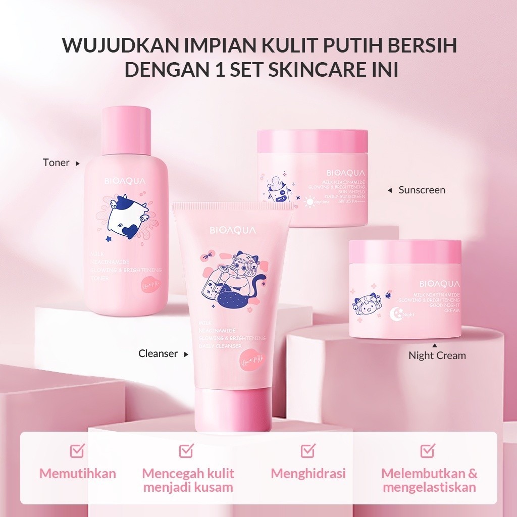 BIOAQUA 4pcs Skincare Paket Niacinamide Glowing & Brightening / Tea Tree Oligopeptide Acne Set With 