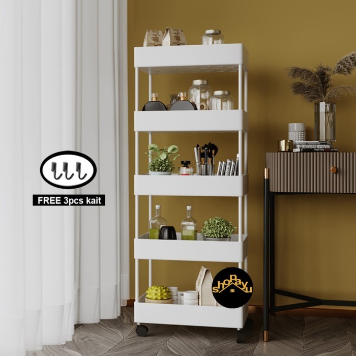 Square rak dapur susun rak toilet plastik 5 layer dengan roda - Putih