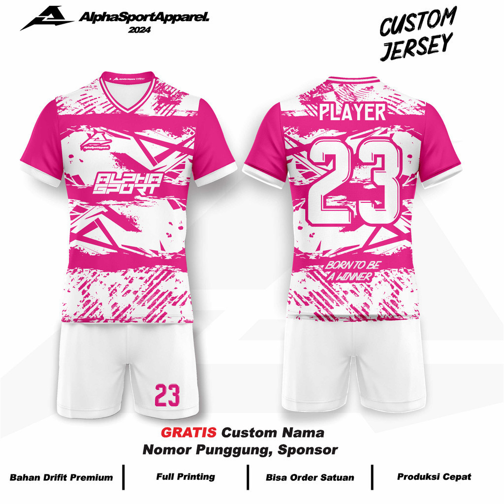 Jersey  Bola Futsal Voli Badminton 186 Motif Pink n White Grunge Lines Gratis Custom Logo Nama Nomor