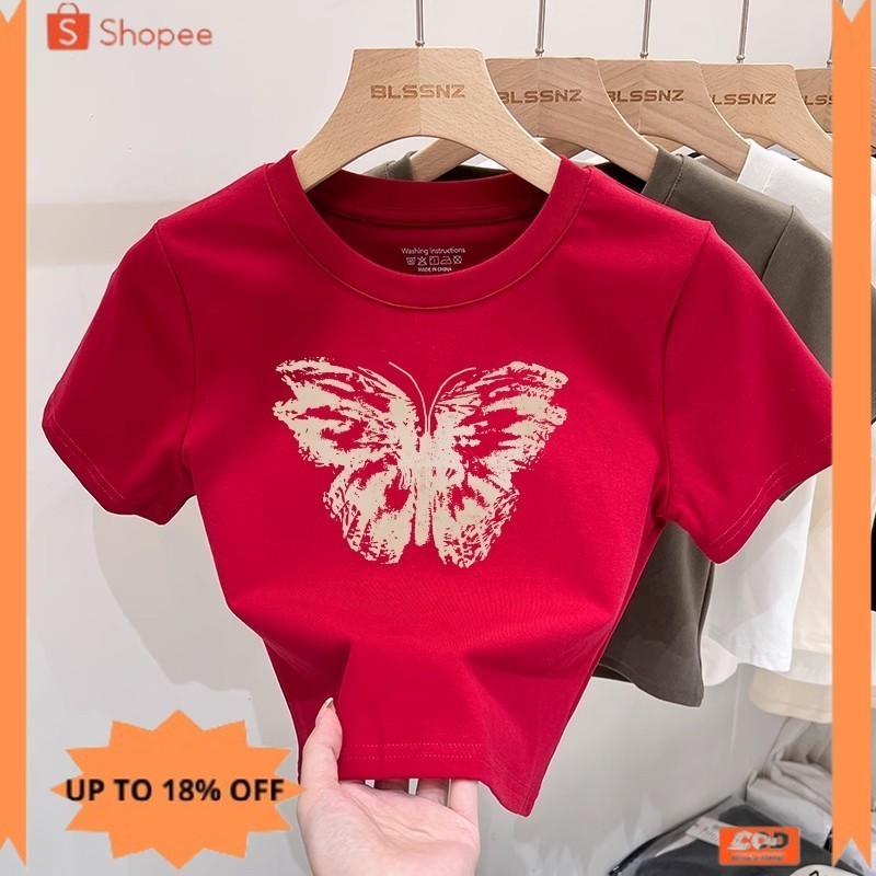 new✨ -Kaos pendek bermotif kupu-kupu/crop top wanita