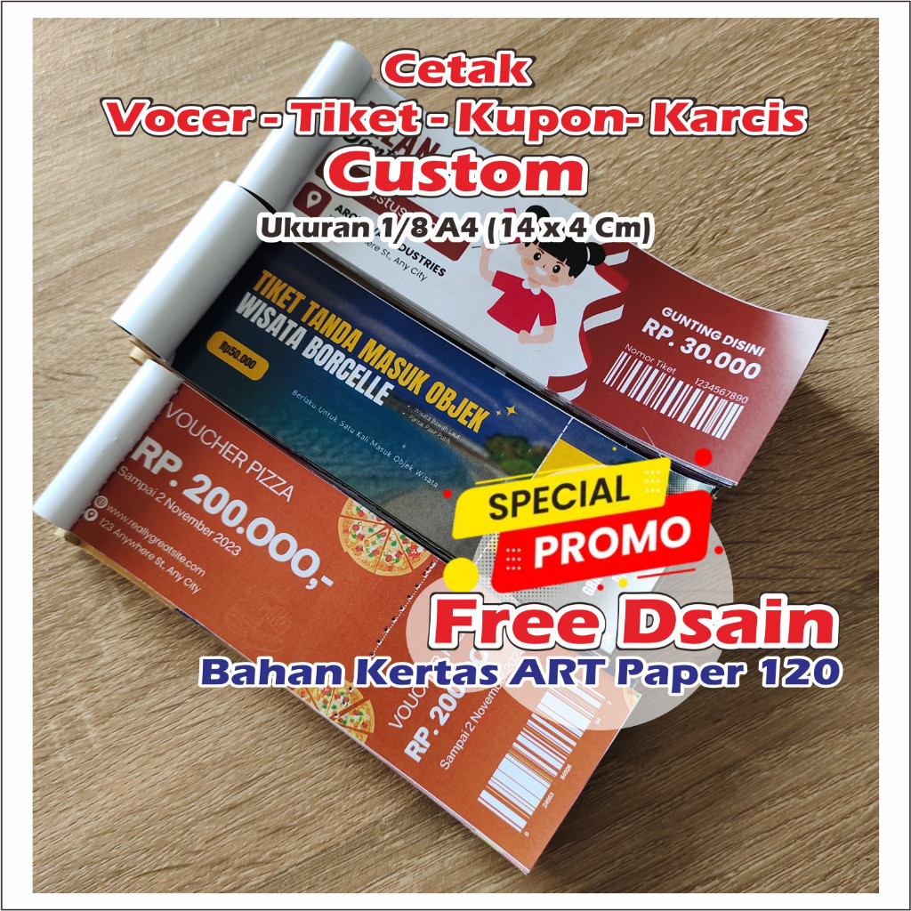 

FREE DSAIN CETAK VOCER KUPON KARCIS TIKET CUSTOM BAHAN ART PAPER 120 GSM UKURAN 1/8 A4 (14 x 4 Cm)