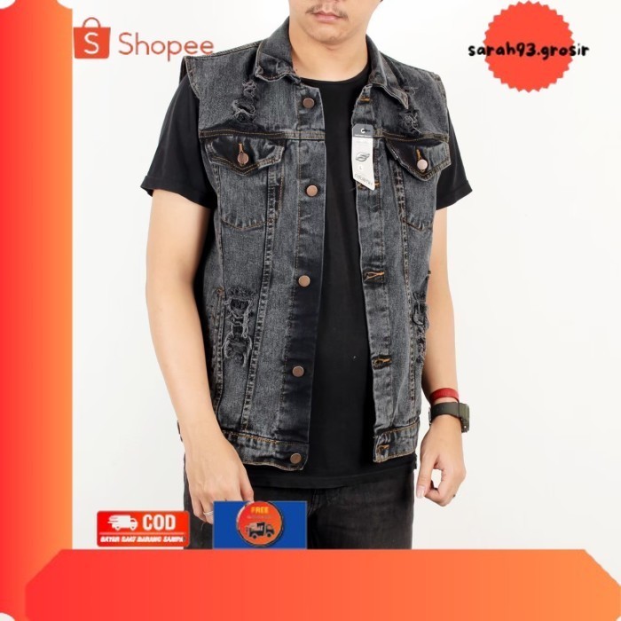 ✨BESTSELLER✨ -Jaket Rompi Jeans Sobek Pria / Rompi Jeans Ripped Sandwash Pria Ori - L