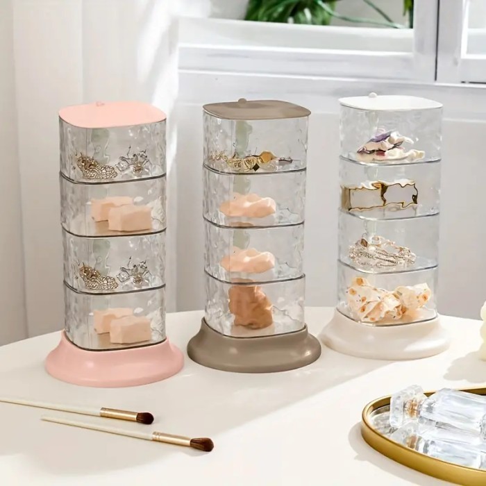 Kotak Penyimpanan Rak Susun Putar Kotak Mini Meja Rias Bumbu Dapur Sparepart Perhiasan Aksesoris ATK Serbaguna Crystal Dekorasi 3 4 Susun Laci  Berputar 360 Akrilik Transparan 13.5 x 25 CM 13.5x19 CM