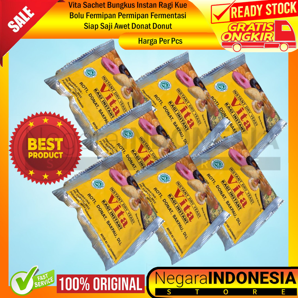 

Vita Instant Ragi Sachet Bungkus Pengembang Adonan Donat Fermentasi Kue Roti Instan Kering Bubuk Powder Rage Food Grade Sachetan Baking Kemasan Plastik Pelastik Donut Fita Pita Fermipan Permipan INI Permifan Bakpao Pelembut