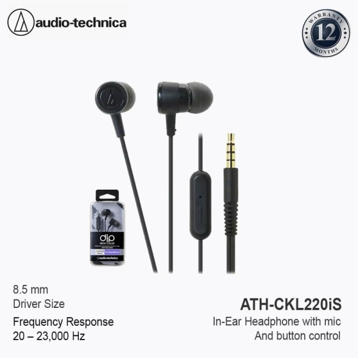 "R.V.Shop" - READY STOCK Audio Technica ATH-CKL220iS In-Ear Headphone with Mic - Black - Hitam