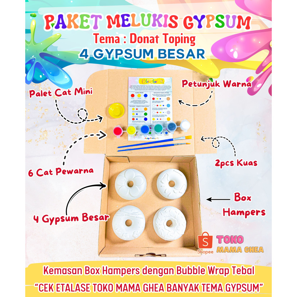 [SET 4 DONAT TOPPING BESAR] Paket Box Hampers Mewarnai Gypsum isi 4 Pcs Besar + 6 Cat Pewarna + 2 Ku