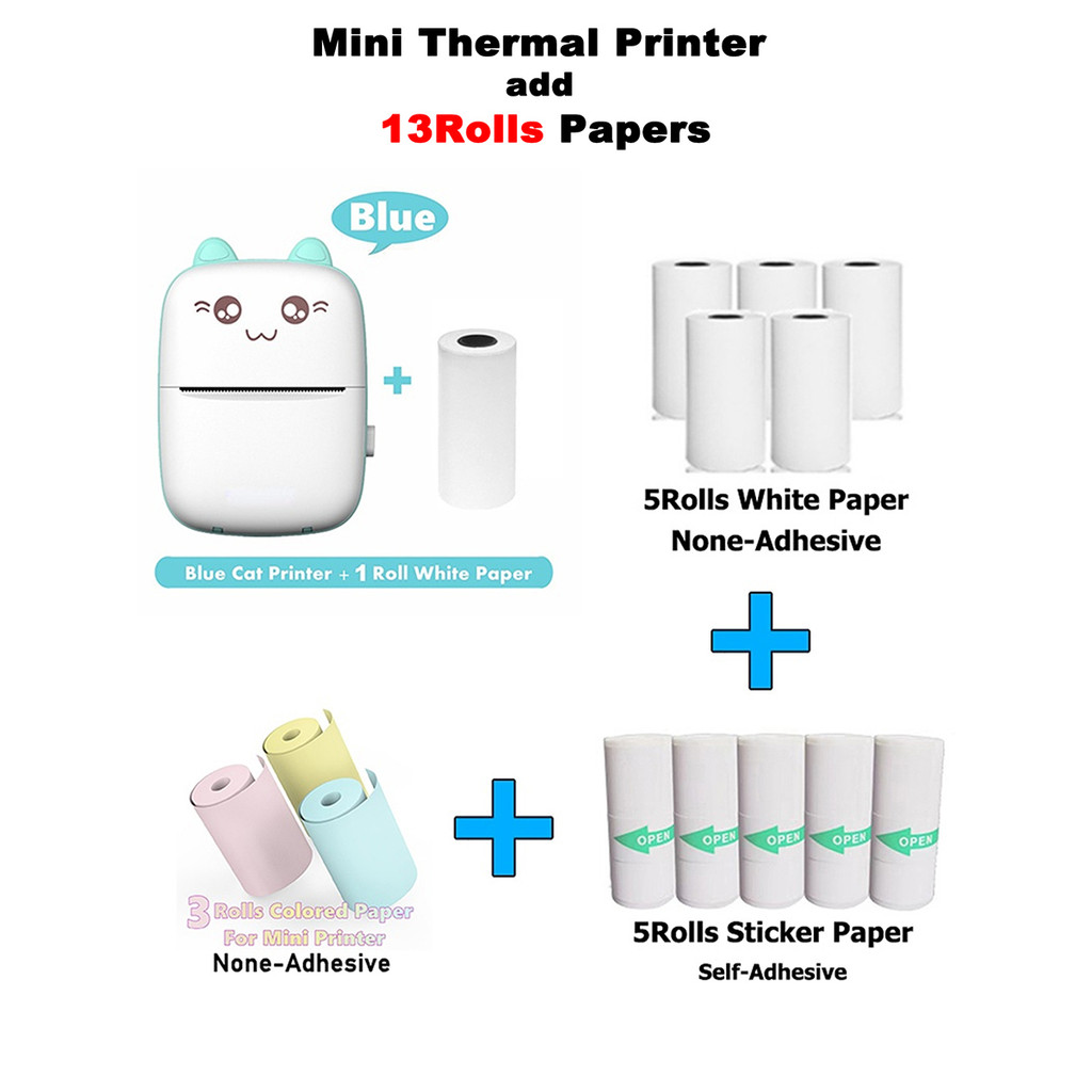 

Portable Mini Thermal Printer with 13 Rolls Papers Wireless BT 200dpi Photo Label No Ink Print Memo Wrong Question Printing