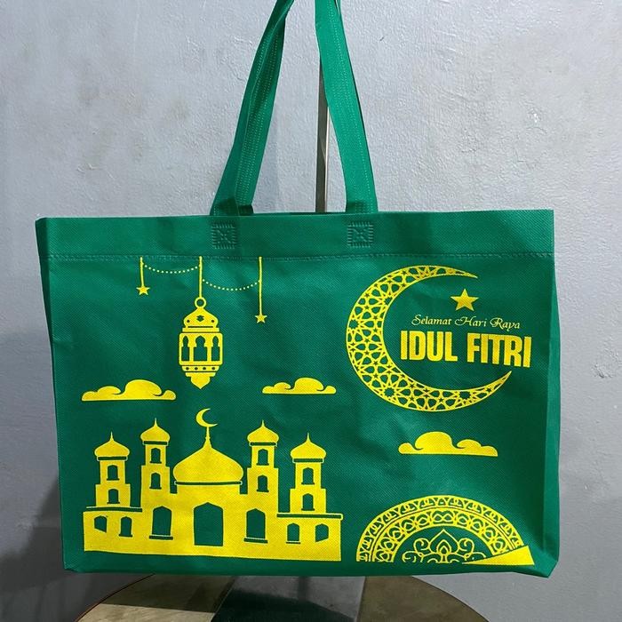 

(1 LUSIN = 12 PCS) TAS GOODIE BAG PARCEL IDUL FITRI 40x30x15 cm / Tas Belanja spunbond abu\ anti-gores hitam sembako - RANDOM IDUL FITRI, 40x30x15cm, LUSIN