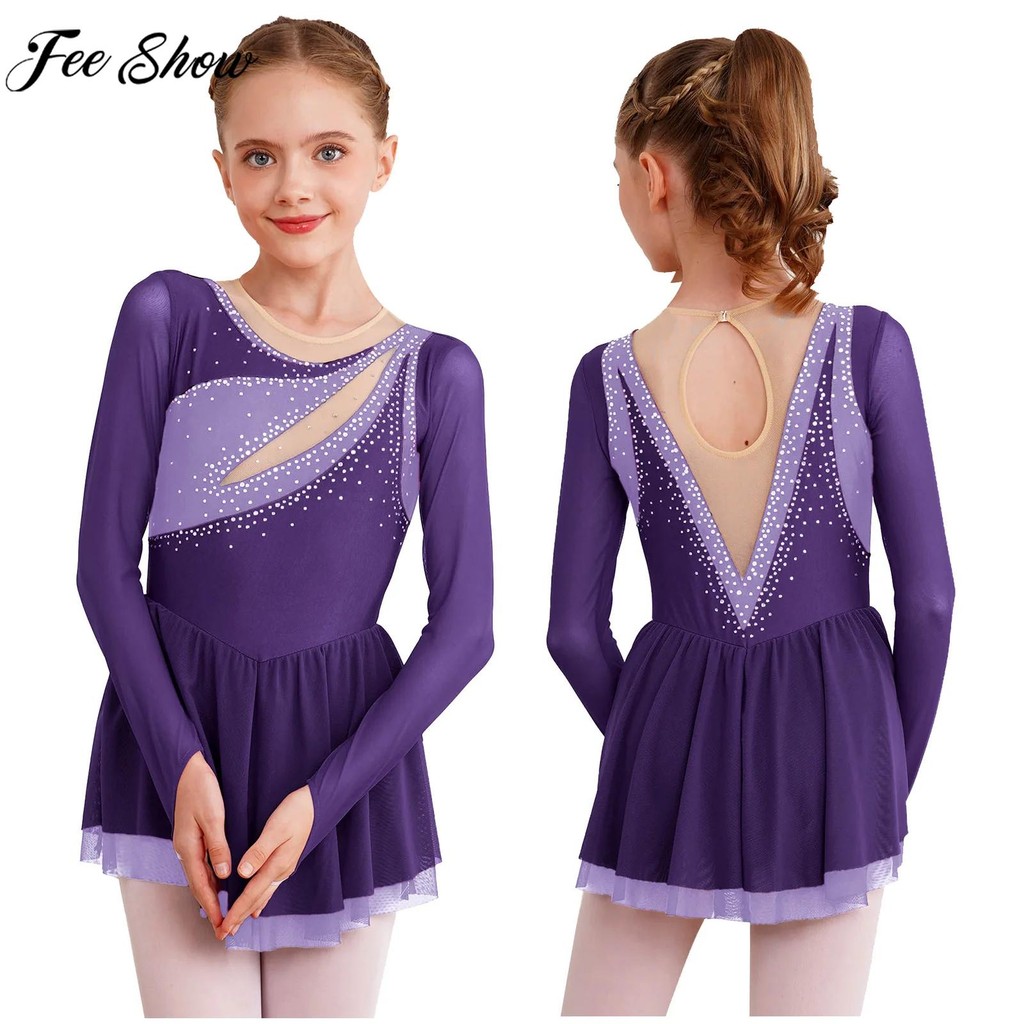 Kids Girls Figure Ice Skating Costume Lyrical Dance Ballet Gymnastics Leotard Dress Long Sleeve Rhin