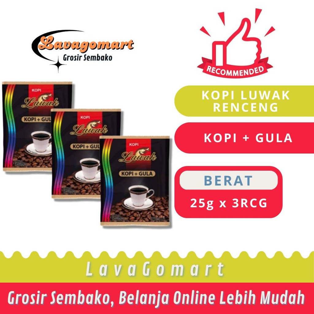 

KOPI LUWAK + GULA SACHET 25g - 3 RENCENG - LAVAGOMART - BANDUNG