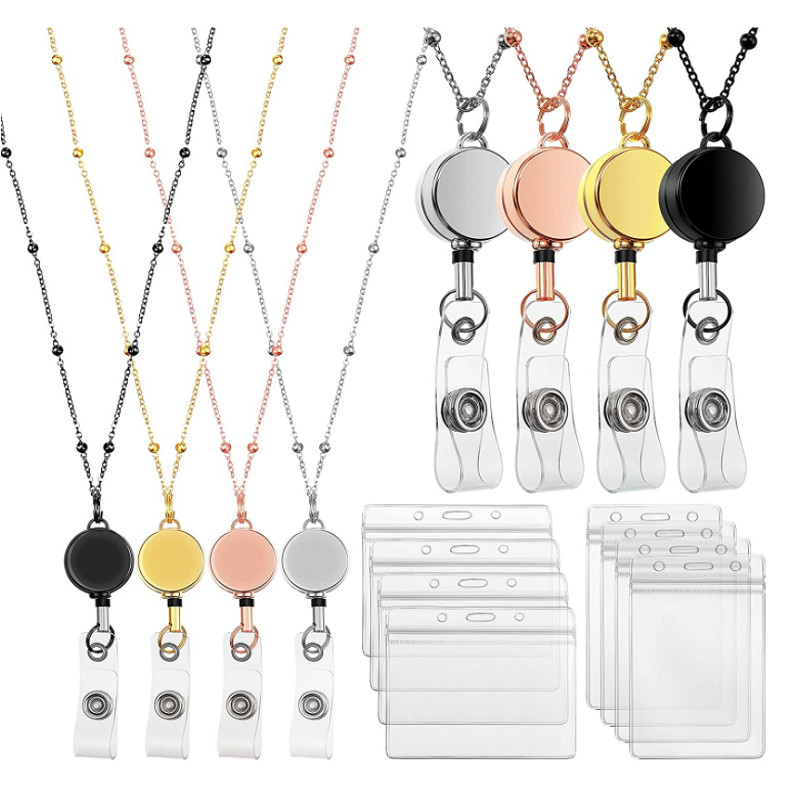

Retractable Badge Reel Lanyard ID Card Holders Stainless Steel Chain Necklaces Keychain Clip for Women Men Employee Wholesale