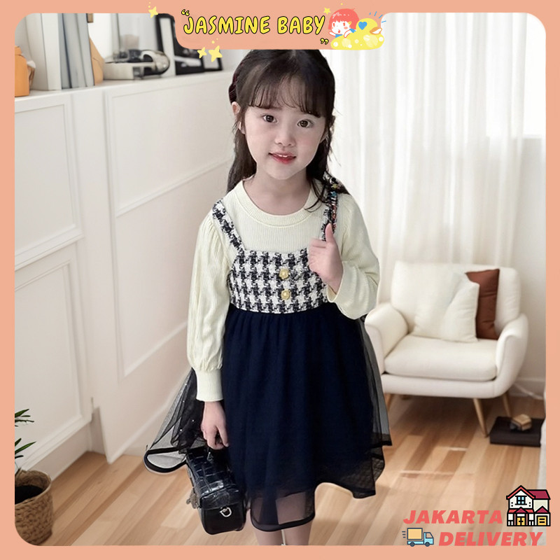 COD Gaun Anak, Gaun Lengan Panjang Sutra Kotak Hitam - Putih, Bahan yang Lebih Nyaman