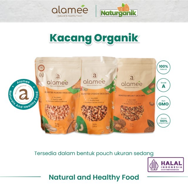 

alamee kacang panggang pouch sedang Premium Roasted Grade A California almond mede walnut Naturganik