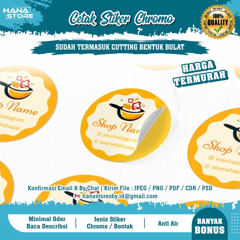 

CETAK STIKER CUSTOM CHROMO BULAT / LABEL NAMA / STIKER LABEL MAKANAN TOPLES KEMASAN BOTOL MINUMAN CUSTOM CHROMO / STIKER LABEL KEMASAN / STIKER MAKANAN