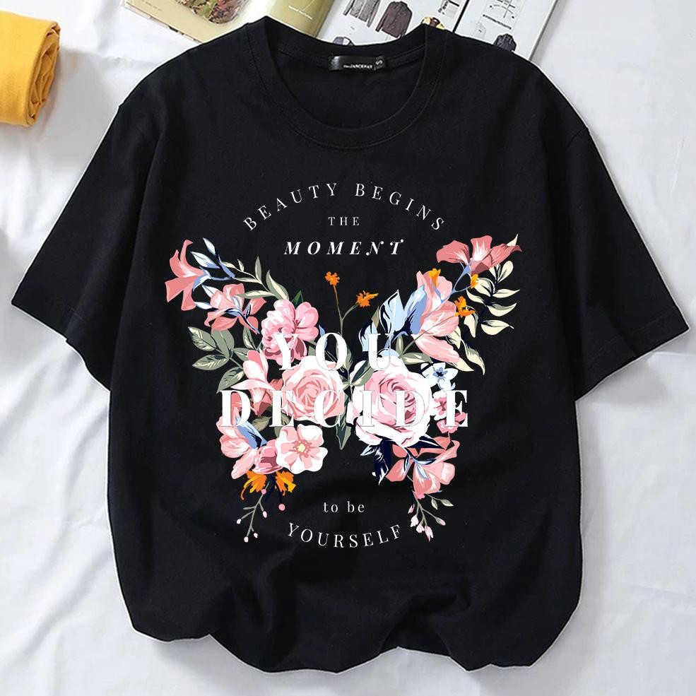 Kaos Wanita Korea 3XL Kaos Wanita Kupu-Kupu Bunga Floral Kaos Oversized Wanita Kaos Longgar Kaos Wan