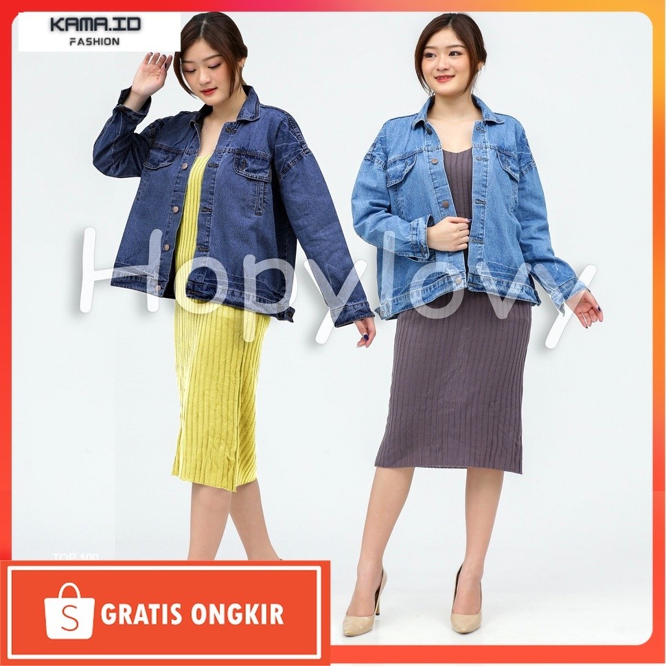 OuterWear / HOPYLOVY Jaket Jeans Wanita Oversize Blue Ellena