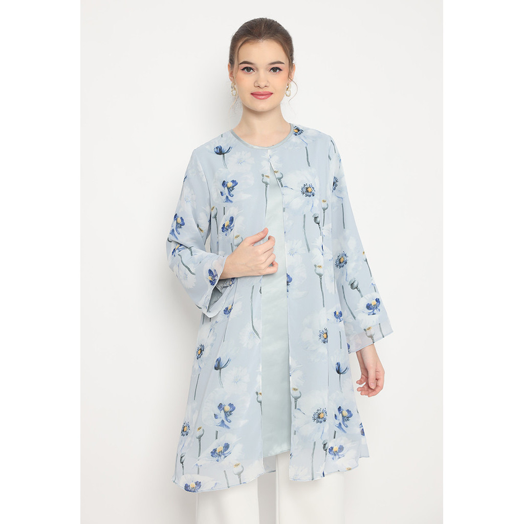 Tunik Sifon Wanita Motif Bunga Cantik Abu-abu Floral Tunik Semi Outer Grey long Sleeve By Brilliant 