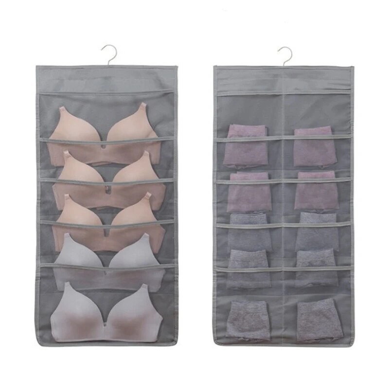 Closet Hanging Bra Organizer with Metal Hanger, Dual Sided Wall Shelf Wardrobe Mesh Pockets Hanging 